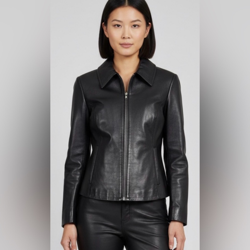 Vera Pelle‎ Italian Leather Coat Womens Size M Black Smooth 70's Retro Matrix